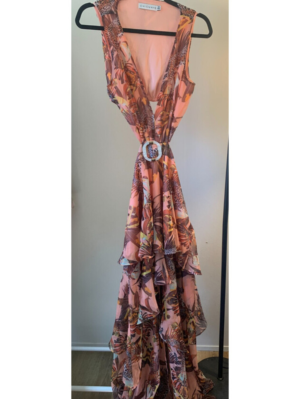 Chicways Maxi Dress Women's Medium Pink Tropical Print Buckle Cut Out Sleeveless